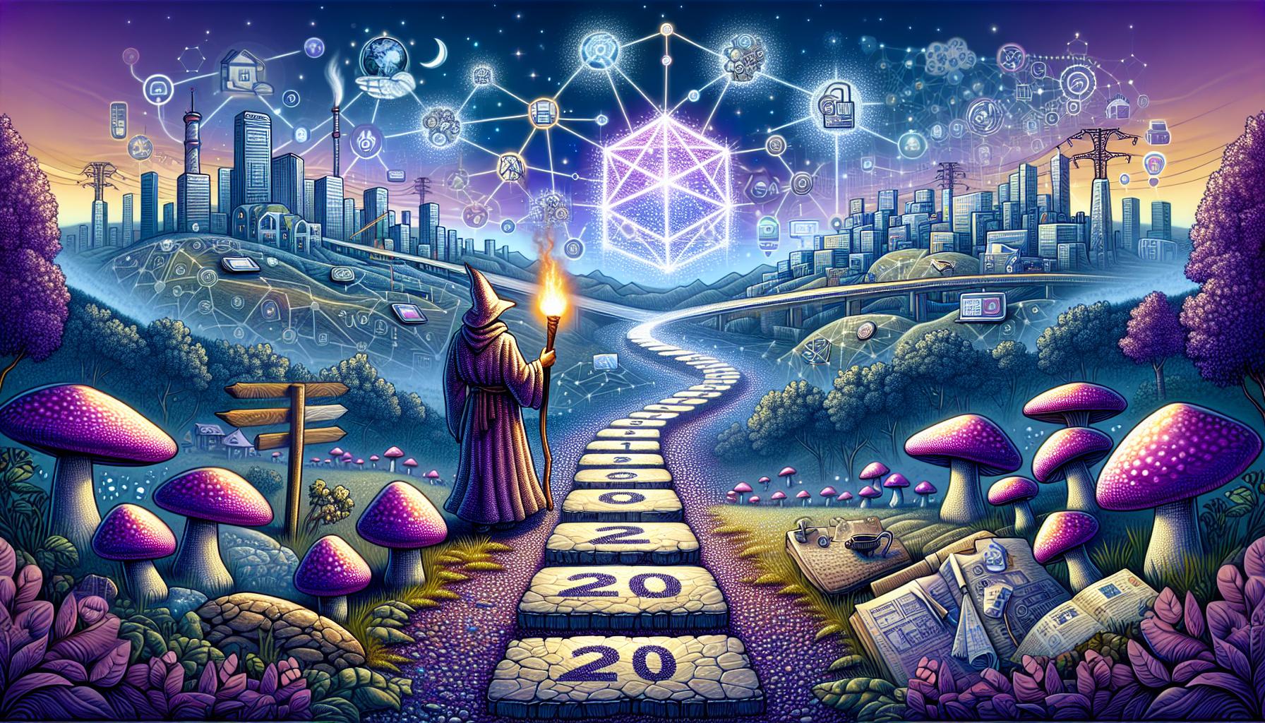 Illustrate an image representing the journey of 20 years of digital innovation. The central figure is a symbolic guide appearing as a wizard, holding a torch that lights the way forward on a path marked by stepping stones. These stones symbolize various milestones reached across the years. In the background, envision a skyline of the future, brimming with interconnected buildings and intricate webs of communication lines to represent the online world. The wizard is poised to continue on this path symbolizing a firm grip on the digital realm. Add elements that signify constant innovation, the building of a community, and high-tech advancements, such as blueprints, cogwheels, and digital tools. The setting for this representation is a whimsical fantasy land filled with purple mushrooms replacing conventional trees, and instead of water bodies, this land has magical waterfalls and rivers. Our visionary wizard is walking towards a magical icosahedron suspended in the sky, indicating the untapped potential of the digital frontier.